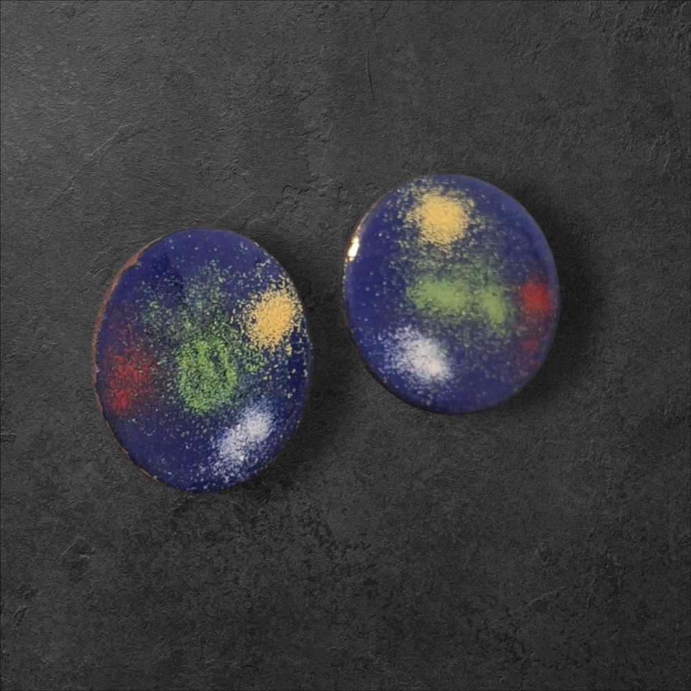 Vintage Blue Red Yellow Enameled Copper Modern Art Disk Screw-On Earrings Estate